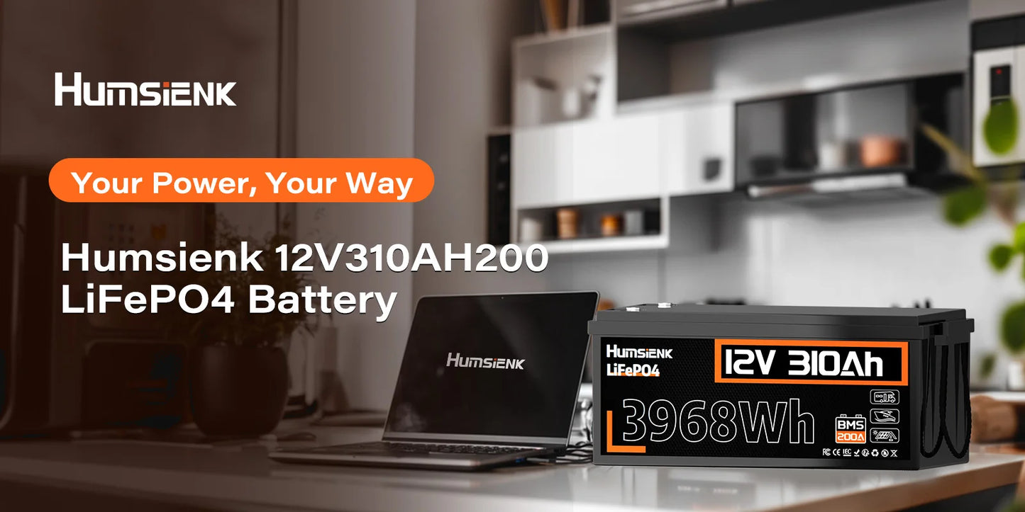 12V 310Ah LiFePO4  Battery 3968Wh Energy 200A BMS 15000 Cycles A+ Cells For RV/ Boat/ Solar Energy/ Off Grid/ Trolling Motor