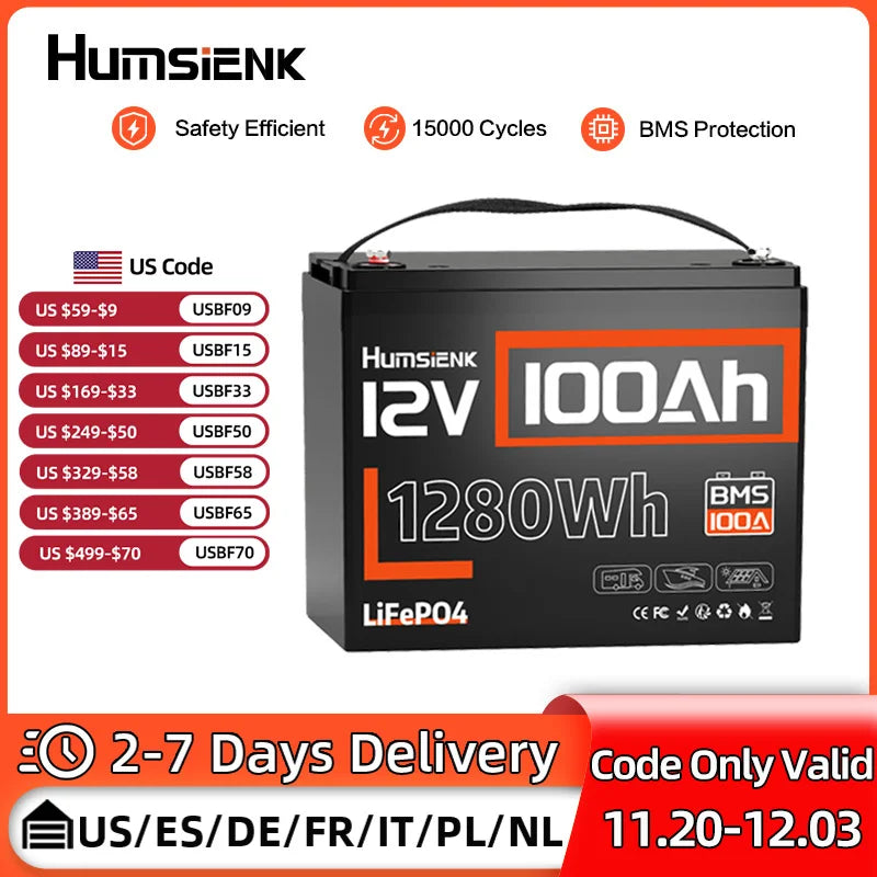 Humsienk LiFePO4 Lithium Battery 12V 100Ah Low-Temp Protect Built-in 100A BMS 15000 Cycles For Vans,Golf Cart,Boat,RV,Camp,GP24