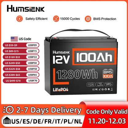Humsienk LiFePO4 Lithium Battery 12V 100Ah Low-Temp Protect Built-in 100A BMS 15000 Cycles For Vans,Golf Cart,Boat,RV,Camp,GP24