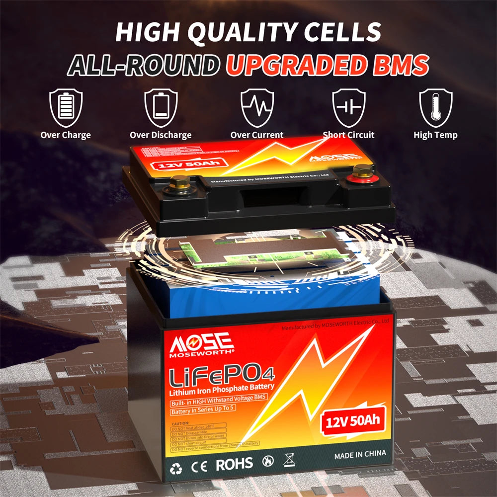 MOSEWORTH 12V 50Ah LiFePO4 Battery 50A BMS 640W Rechargeable Lithium Iron Phosphate Battery Deep Cycle Low-Temp Protection