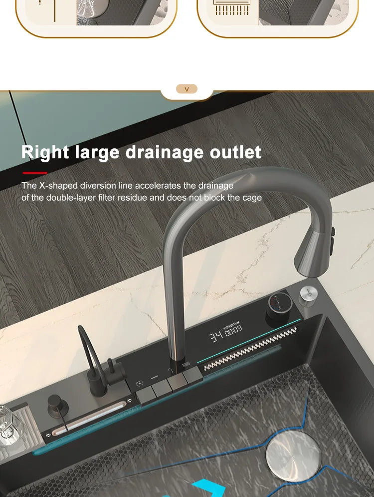 Stainless Steel Waterfall Kitchen Sink Large Single Slot With Digital Display Faucet Apartment Multifunctional Wash Basin