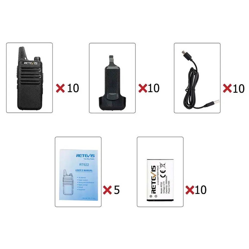 10 Pcs Wholesale Mini Walkie Talkie Retevis Rechargeable Walkie-talkies Two-way Radio RT622 PMR446 Radio Hotel Restaurant Retail