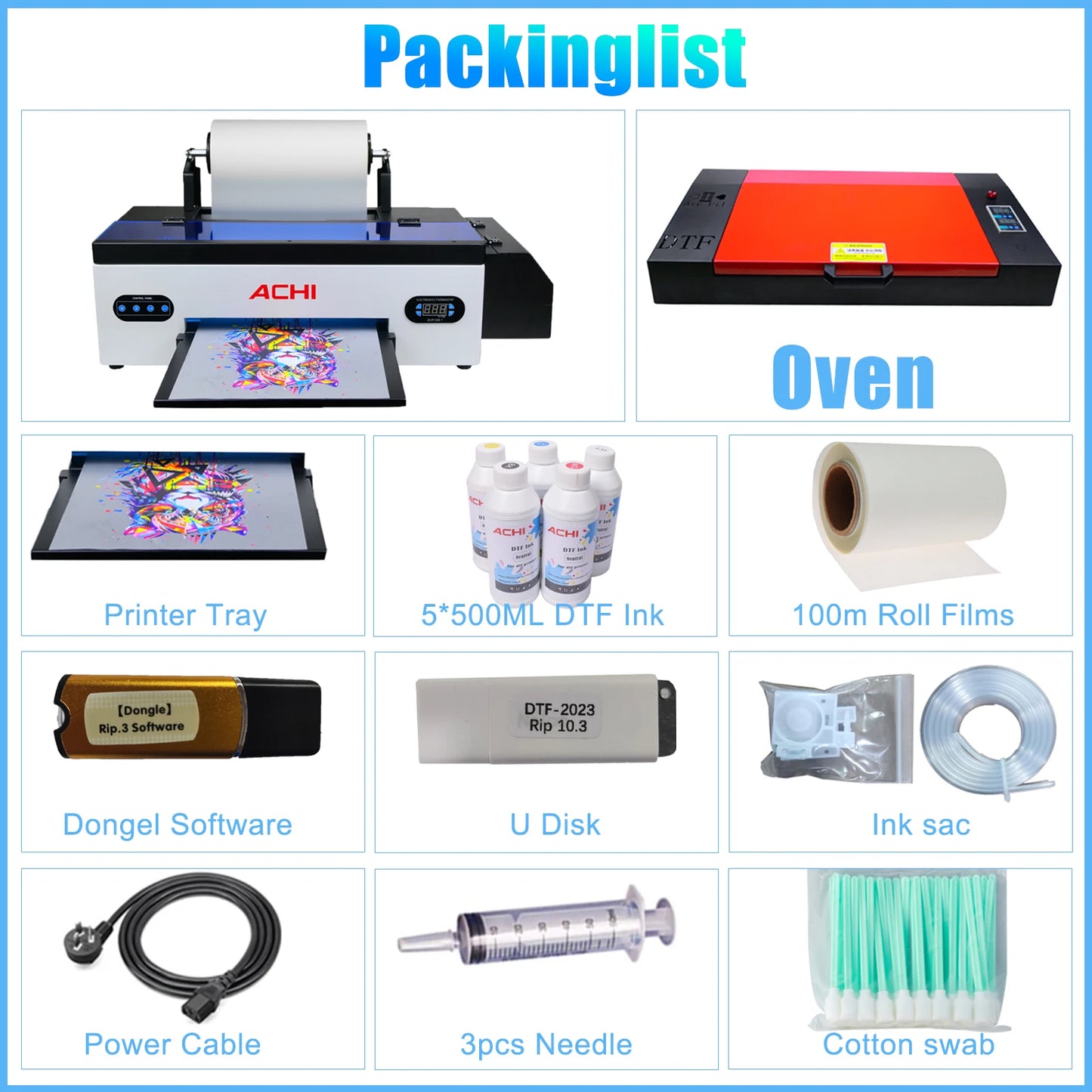 ACHI DTF Transfer Printer A3 DTF Printer T Shirt Printing Machine With Curing Oven for Clothes Hoodies Jeans Textile EU US Stock