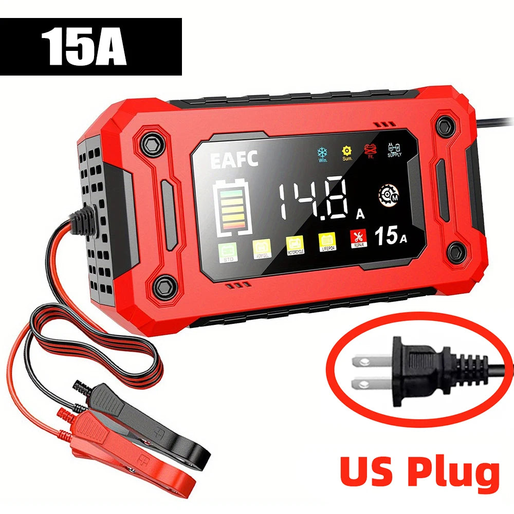 New 12V 15A/8A Smart Car Battery Charger Pulse Repair Automatic Start Fast Charger For Car Motorcycle Truck Lead Acid Batteries