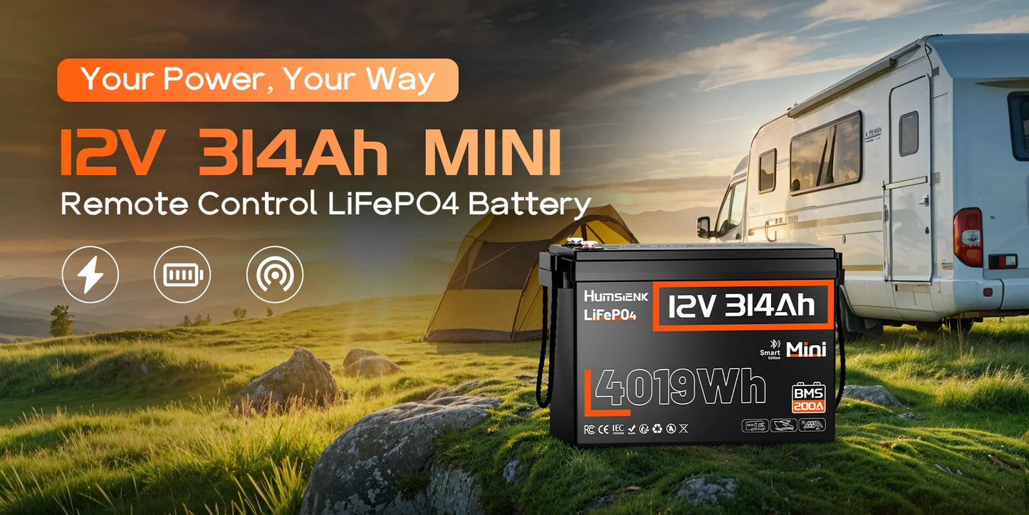 Humsienk Bluetooth LiFePO4 Battery 12V 314AH With 200A BMS A+ Cells 15000 Cycles Real- time Monitor For Outdoor / Household