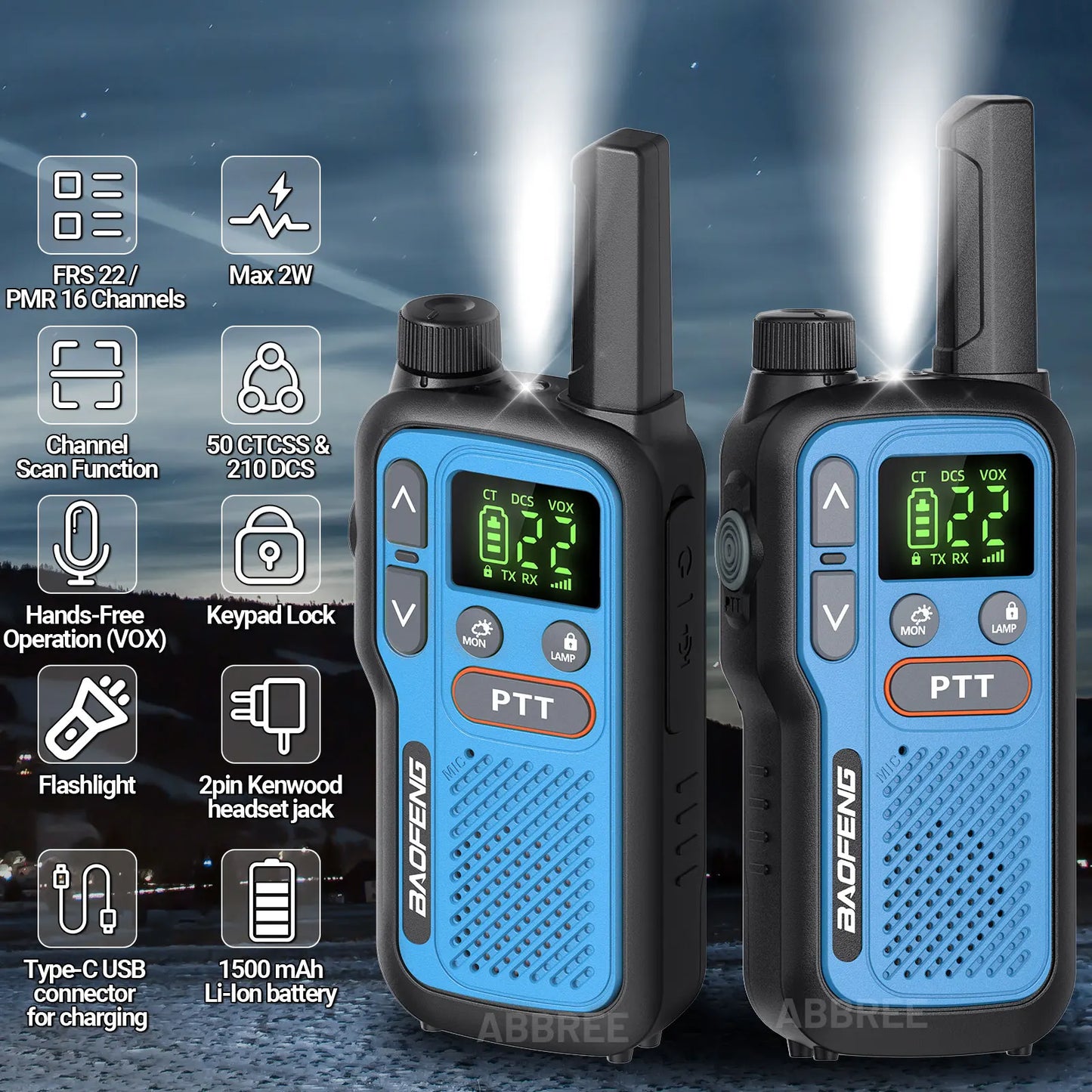 2X BAOFENG FRS Walkie Talkies Long Range Walkie Talkie NOAA VOX Flashlight Type-C Portable Two Way Radio For Restaurant Camping