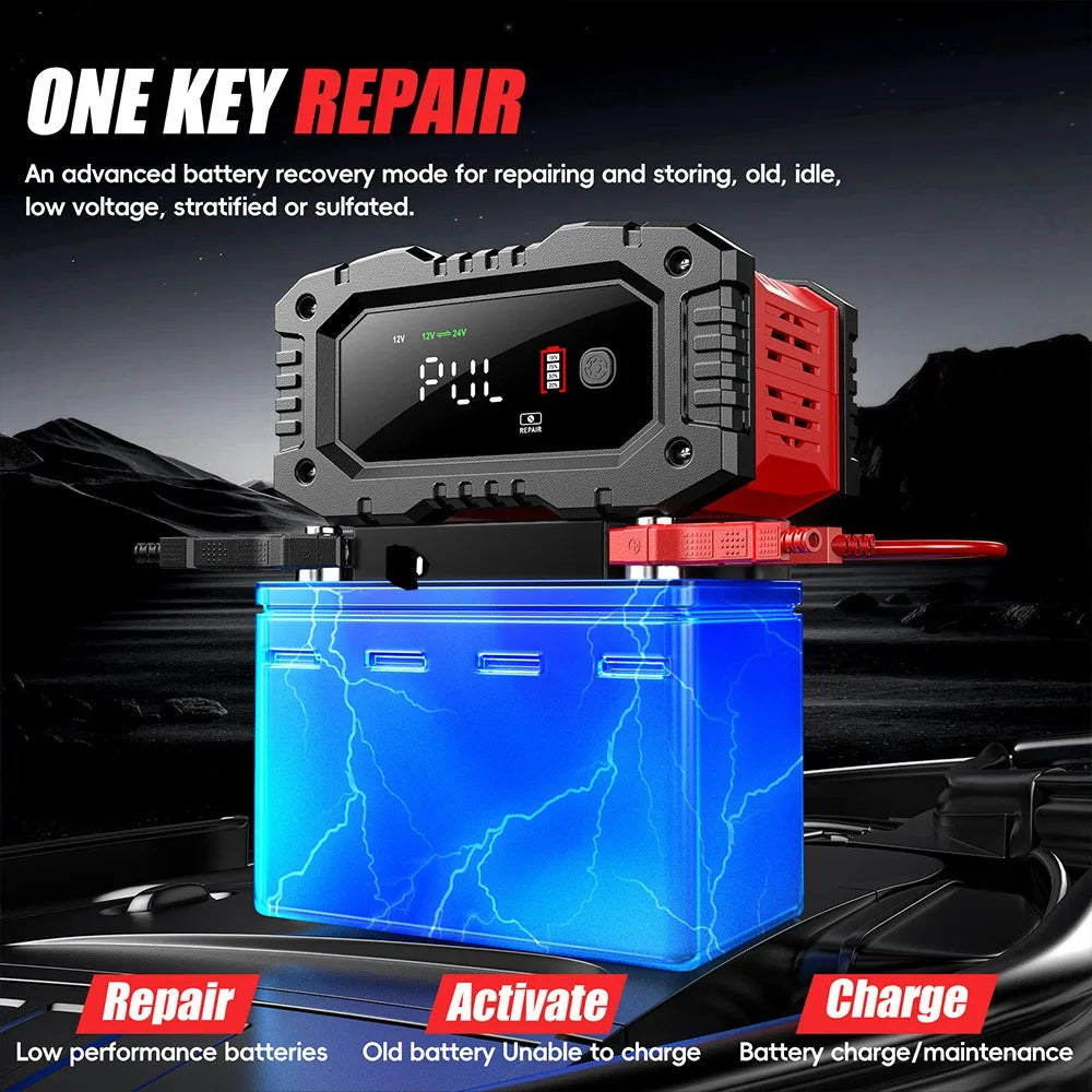 12v/24v 20A Fully Automatic Battery Charger 7-segment Smart Car Battery Charger Pulse Repair for Agm Gel Wet Lead Acid Charging