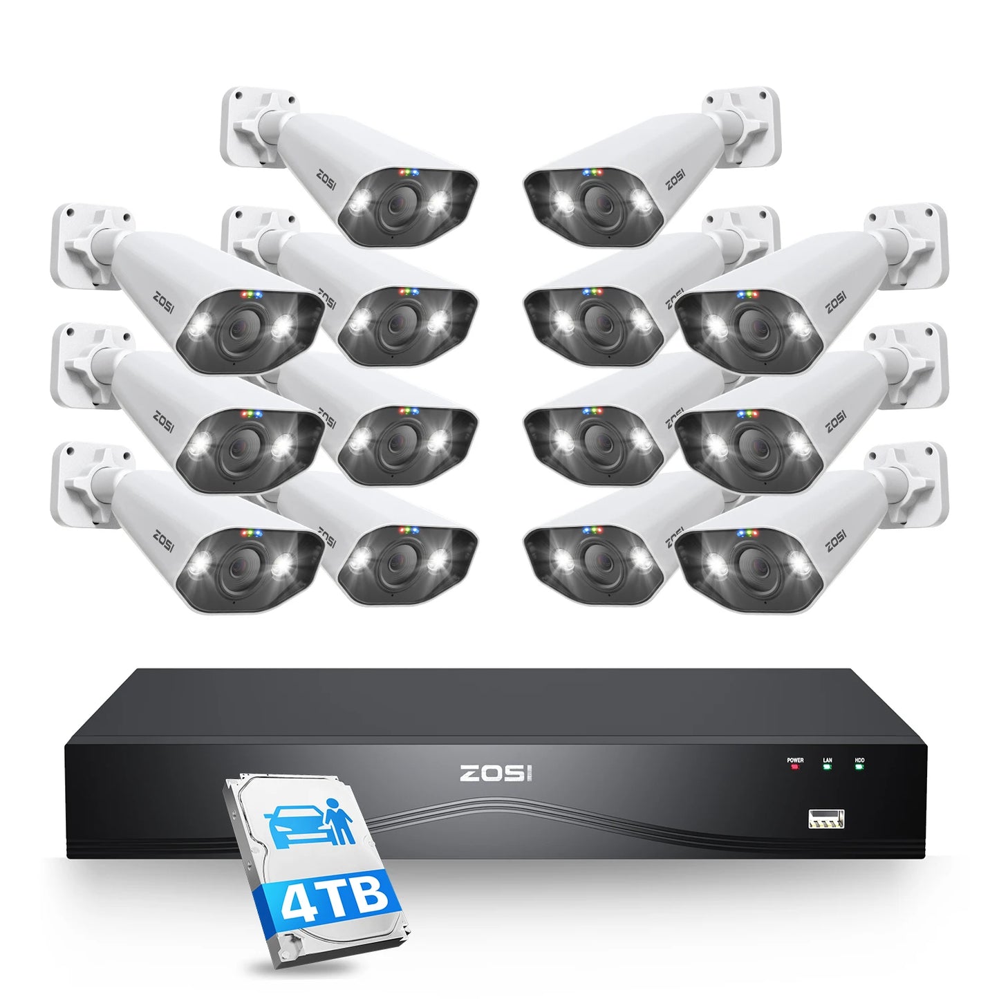 ZOSI 32CH 4K PoE Security Camera System 4TB Face/Person/Vehicle Detect 16 Port 32CH CCTV NVR Dual-Disk 8MP Surveillance IP Cams