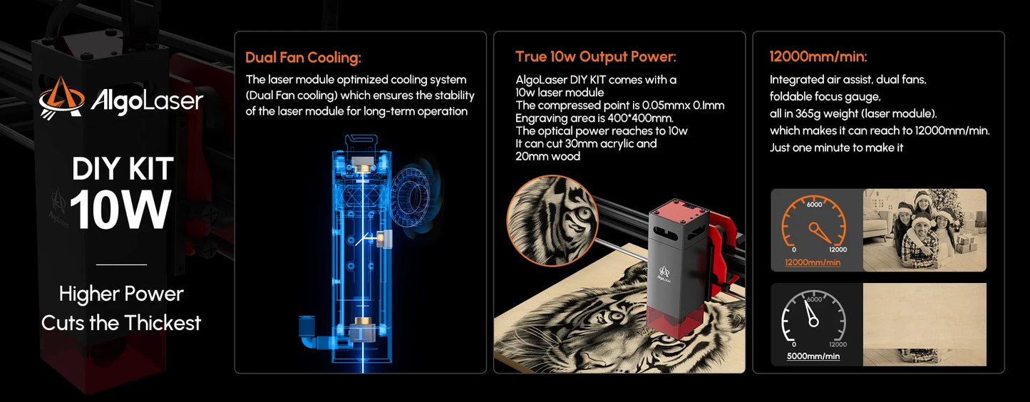 Algolaser 10W Laser Engraver DIY Kit CNC Laser Cutter Engraving Machine OPTIONAL Honeycomb Table & Extension Kit & Rotary Roller