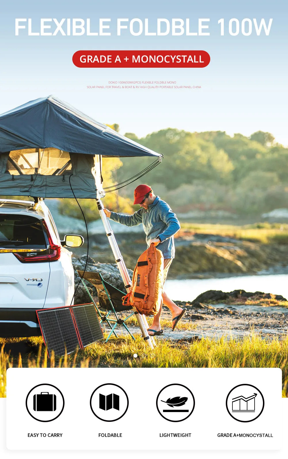 Dokio 18V 100W Portable Foldable Solar Panel with 12V Controller Kit for Family Camping Trips