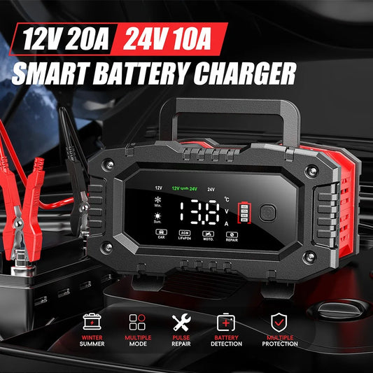 12v/24v 20A Fully Automatic Battery Charger 7-segment Smart Car Battery Charger Pulse Repair for Agm Gel Wet Lead Acid Charging