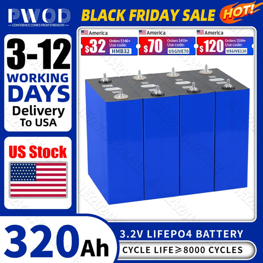 US Stock 320AH Lifepo4 Battery Rechargeable lithium iron phosphate batteries DIY 12V 24V 48V For EV Golf Cart Boat with busbars
