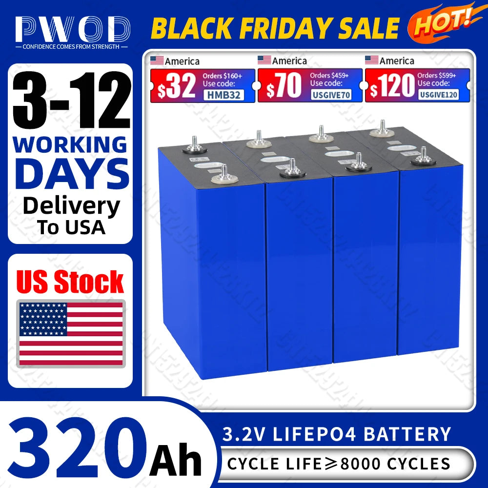 US Stock 320AH Lifepo4 Battery Rechargeable lithium iron phosphate batteries DIY 12V 24V 48V For EV Golf Cart Boat with busbars