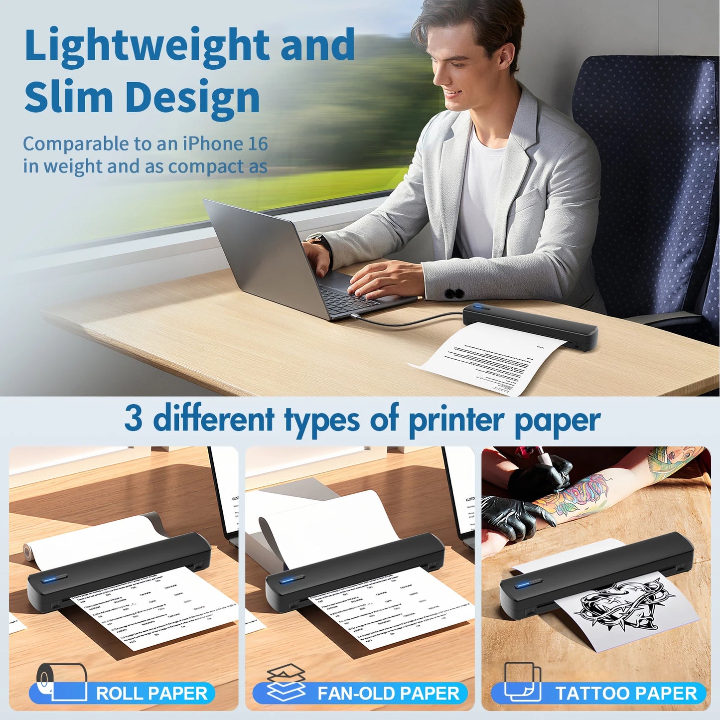 Thermal Printer Inkless Wireless A4 C80 300DPI 1500mAh BT Mobile Printing iOS/Android/Laptop For Tattoo Artists Enthusiasts