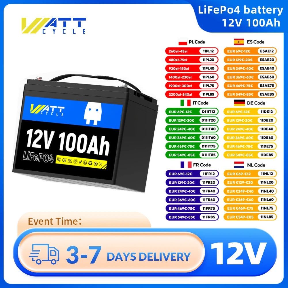 Wattcycle 12V 100AH LiFePO4 Lithium Iron Phosphate Battery Built-in 100A BMS For RV/ Yacht/ Camping/ Off-Grid/ Back-up Power