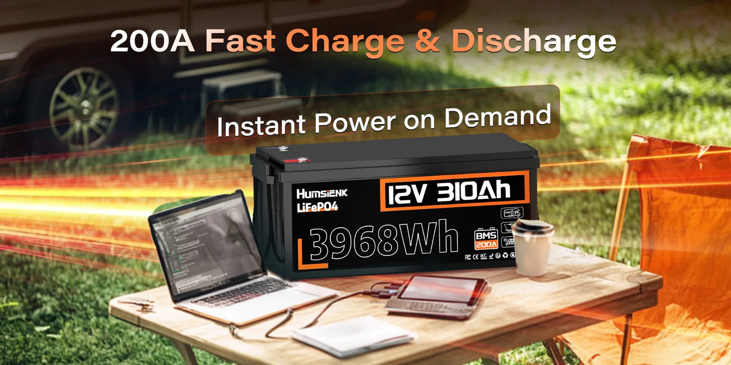 12V 310Ah LiFePO4  Battery 3968Wh Energy 200A BMS 15000 Cycles A+ Cells For RV/ Boat/ Solar Energy/ Off Grid/ Trolling Motor