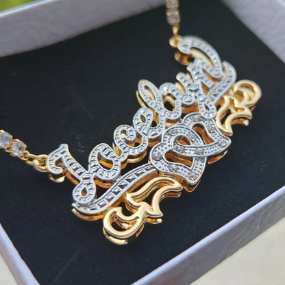 LeeChee Double Layer Custom Name Necklace Two Color Birthday Stone Pendant Tennis Chain Personalized Women Jewelry Gift