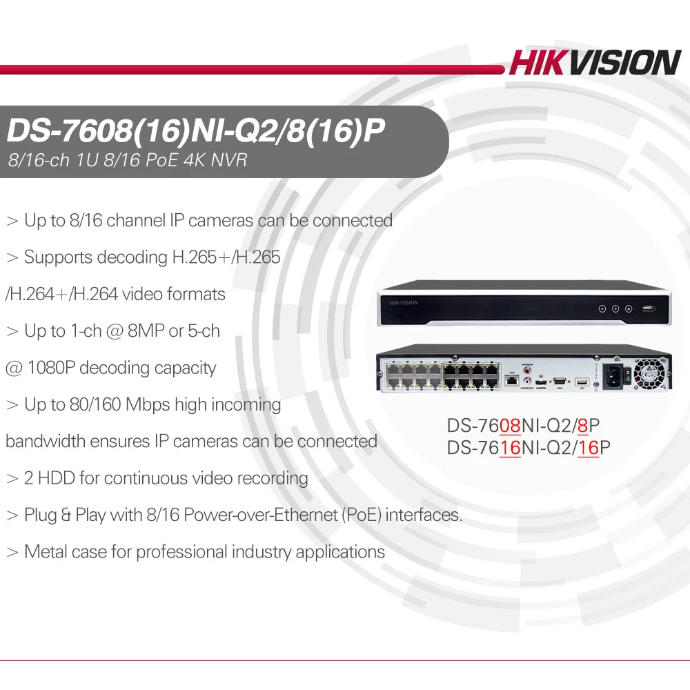 Hikvision 4K PoE NVR DS-7608NI-Q2/8P DS-7616NI-Q2/16P 8/16 Channels Network Video Recorder 8MP 2 SATA IP Camera CCTV
