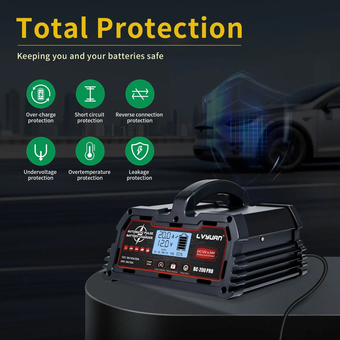 Auto DC12V 24V Battery Charger Smart LCD Display 8-stage Intelligent Charging Car Battery Chager for LiFePO4 AGM GEL Lead-Acid