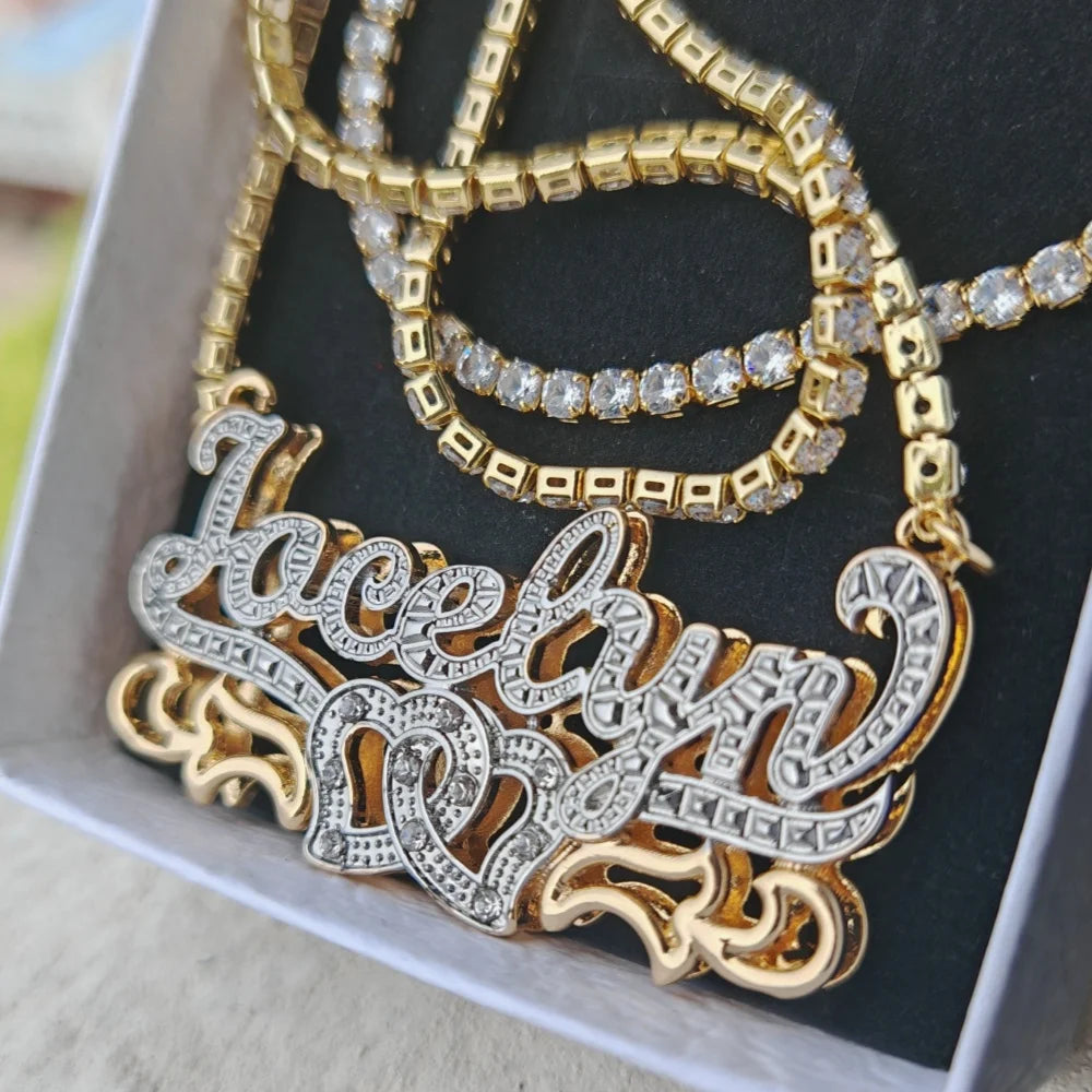 LeeChee Double Layer Custom Name Necklace Two Color Birthday Stone Pendant Tennis Chain Personalized Women Jewelry Gift