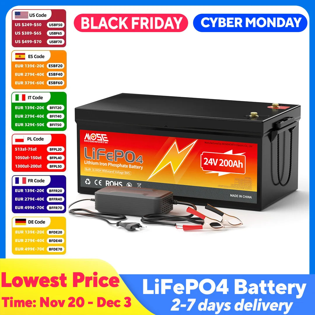 MOSEWORTH 24V 200Ah LiFepo4 Battery Built in 200A BMS Rechargeable Lithium Batteries for Boat Marine RV Solar Trolling Motor