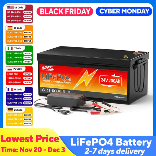 MOSEWORTH 24V 200Ah LiFepo4 Battery Built in 200A BMS Rechargeable Lithium Batteries for Boat Marine RV Solar Trolling Motor