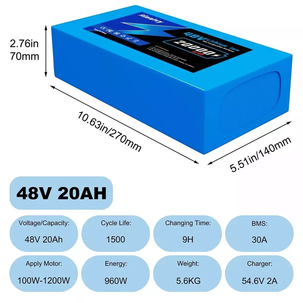 Aleaivy 48V 20Ah Electric Bike Lithium Battery Pack 20000mAh Li ion Ebike Battery for Bicycle Scooter Motorcycle with Charger