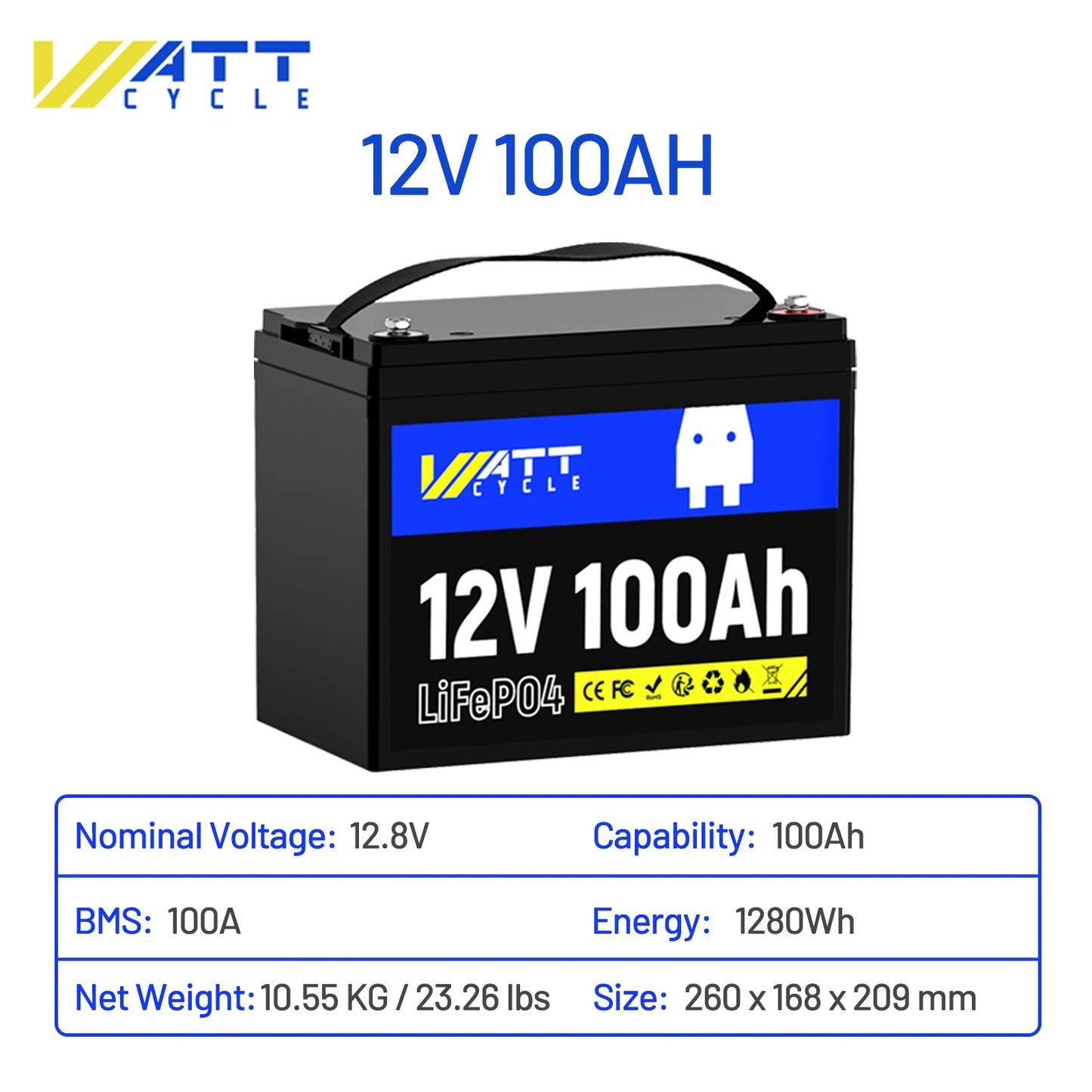 Wattcycle 12V 100AH LiFePO4 Lithium Iron Phosphate Battery Built-in 100A BMS For RV/ Yacht/ Camping/ Off-Grid/ Back-up Power