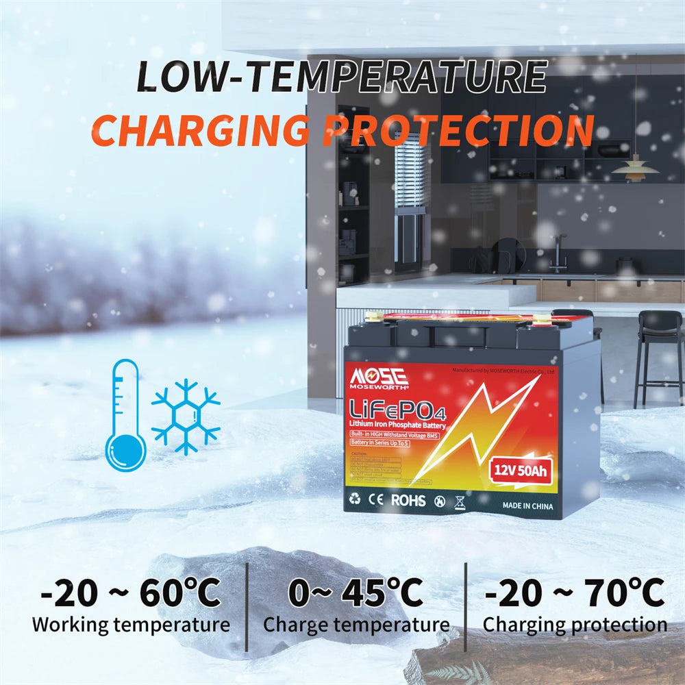 MOSEWORTH 12V 50Ah LiFePO4 Battery 50A BMS 640W Rechargeable Lithium Iron Phosphate Battery Deep Cycle Low-Temp Protection