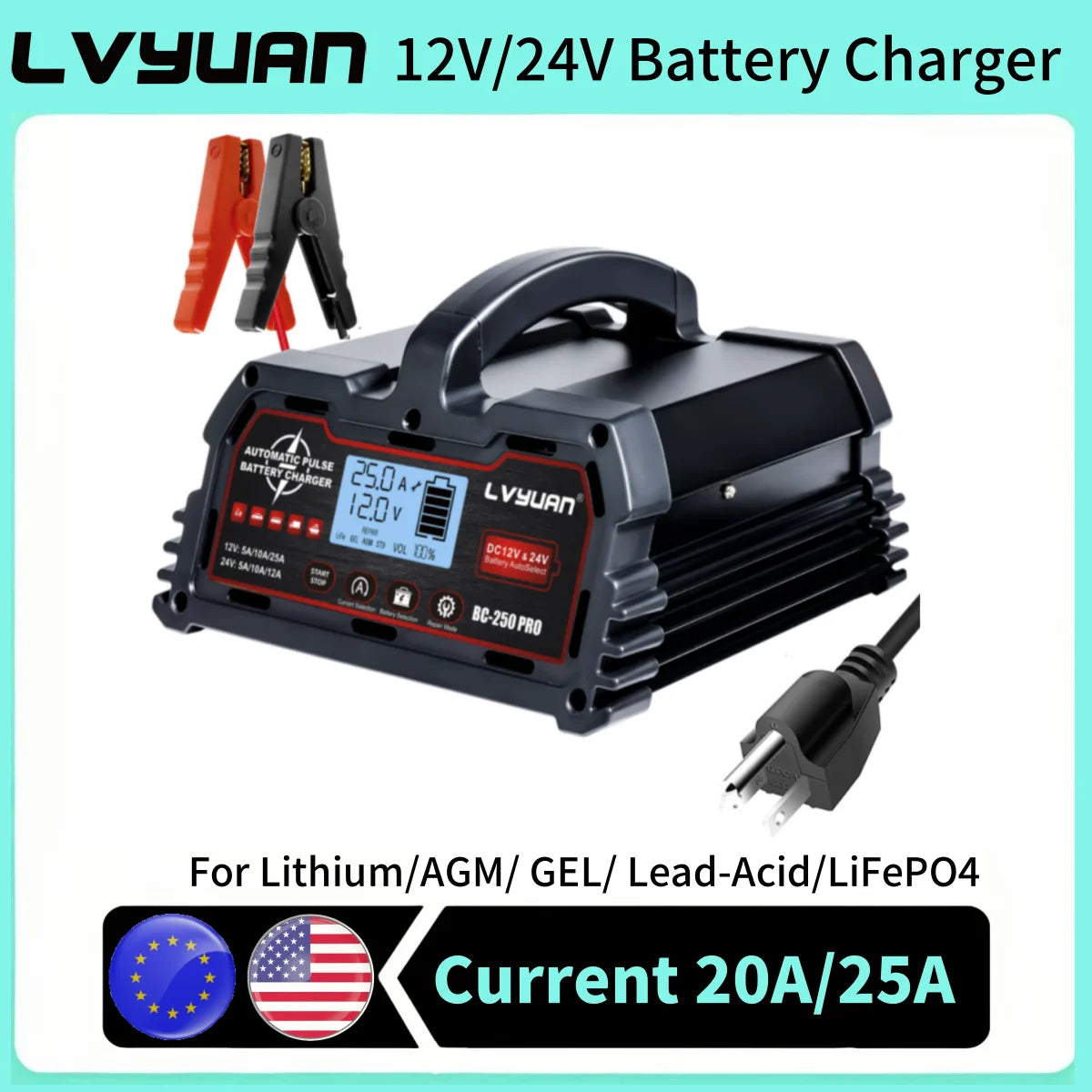 Auto DC12V 24V Battery Charger Smart LCD Display 8-stage Intelligent Charging Car Battery Chager for LiFePO4 AGM GEL Lead-Acid