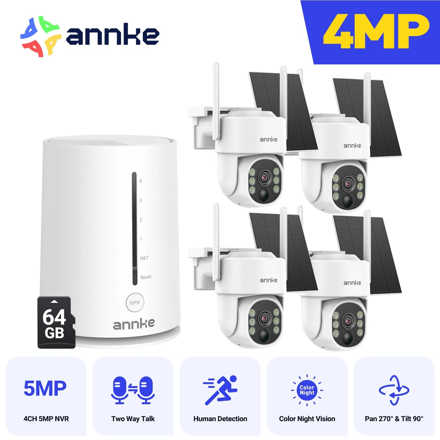 ANNKE 4MP Battery WiFi Security Camera PT Auto Tracking Color Night Vision Wireless IP Camera 4CH Homebase Security System