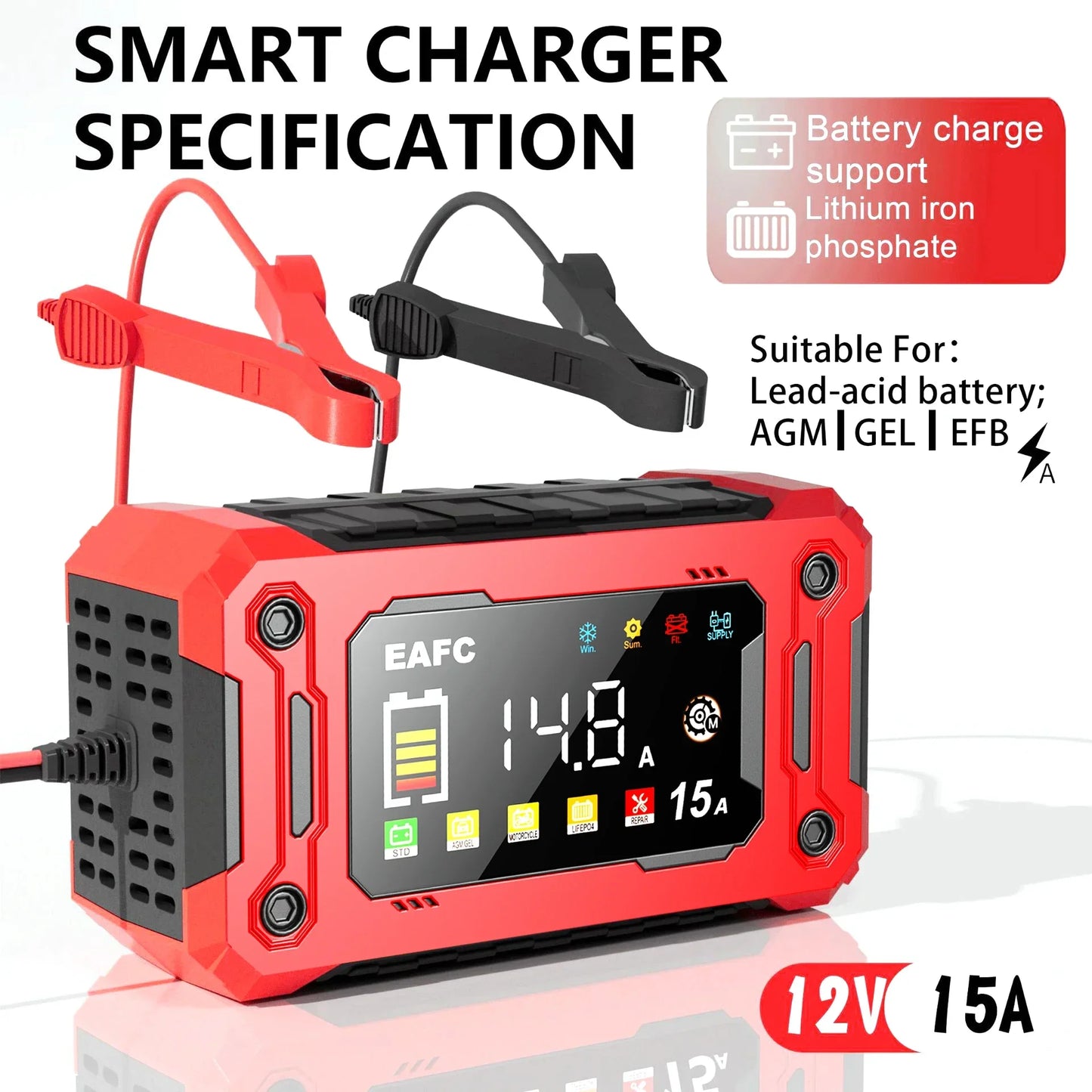 12V15A Car Smart Pulse Repair Charger suitable for cars, motorcycles, boats, AGM, GEL, WET lead-acid batteries