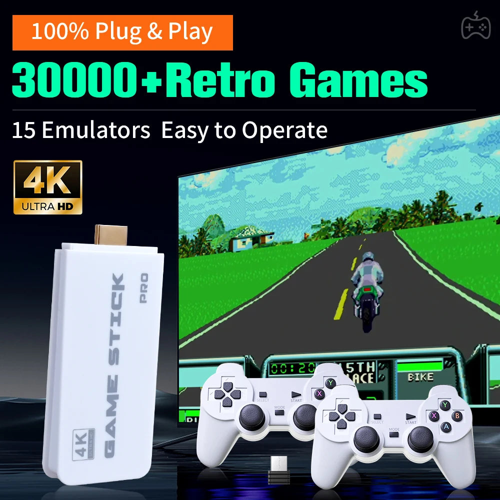 JMachen M15 Game Stick 64G Video Game Console 4K UHD Output with 30000+ Retro Games for PS1/MAME/SNES with Wireless Controllers