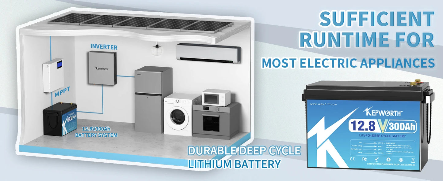 KEPWORTH 12V 300Ah LiFePO4 Battery, Built-in 200A BMS 3840Wh Energy Deep Cycles, Perfect for Off-Grid, Motorhome, Solar System