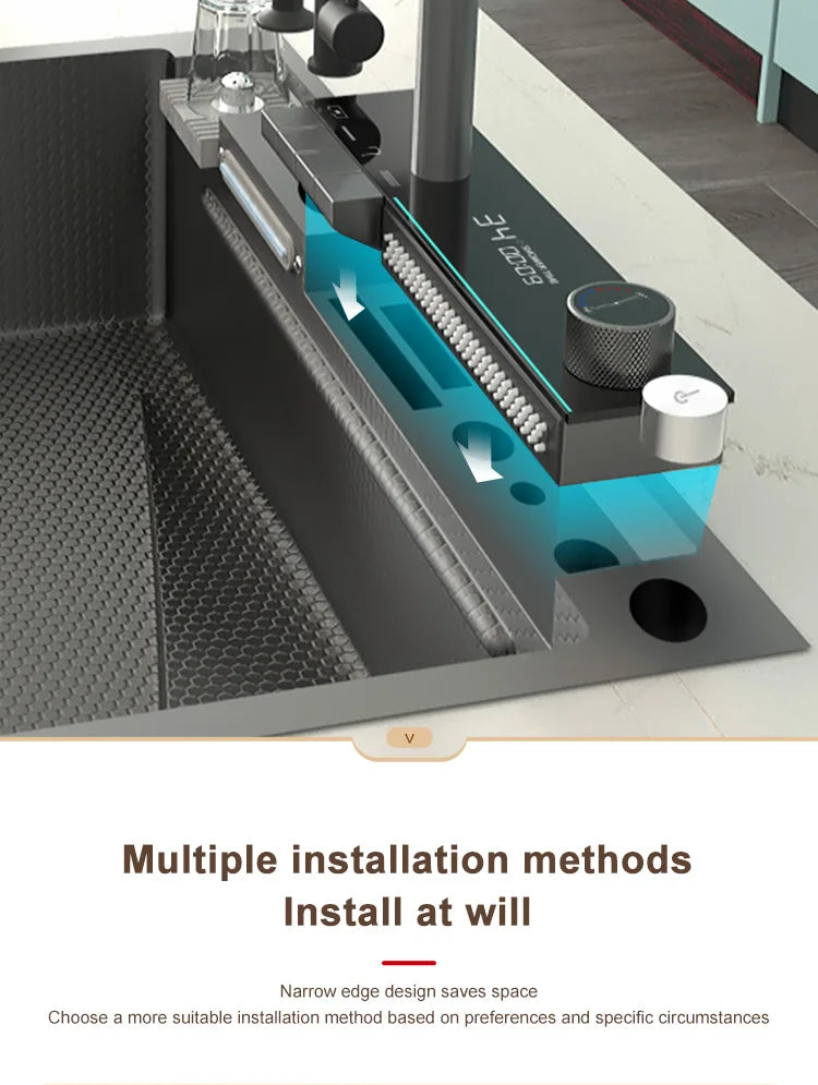 Stainless Steel Waterfall Kitchen Sink Large Single Slot With Digital Display Faucet Apartment Multifunctional Wash Basin