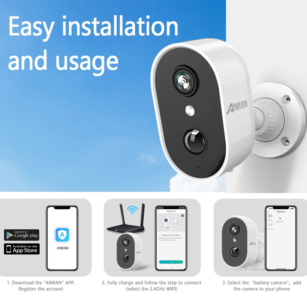 ANRAN 2/3/4PCS Battery Camera 2K 2.4G WiFi Camera Home Protection Security Camera PIR Detection,Free Basic Cloud Storage,5200mAh