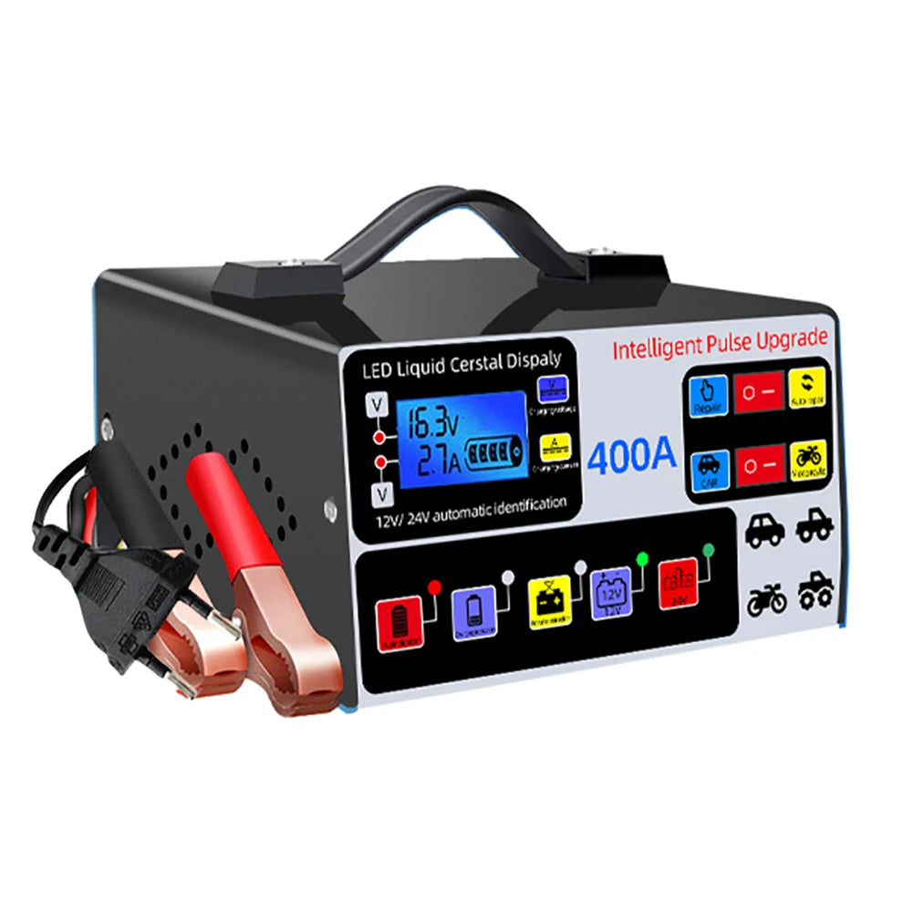 400A Heavy Duty Smart Battery Charger LCD Display Car Battery Charger 12/24V Intelligent Pulse Repair Charger High Power