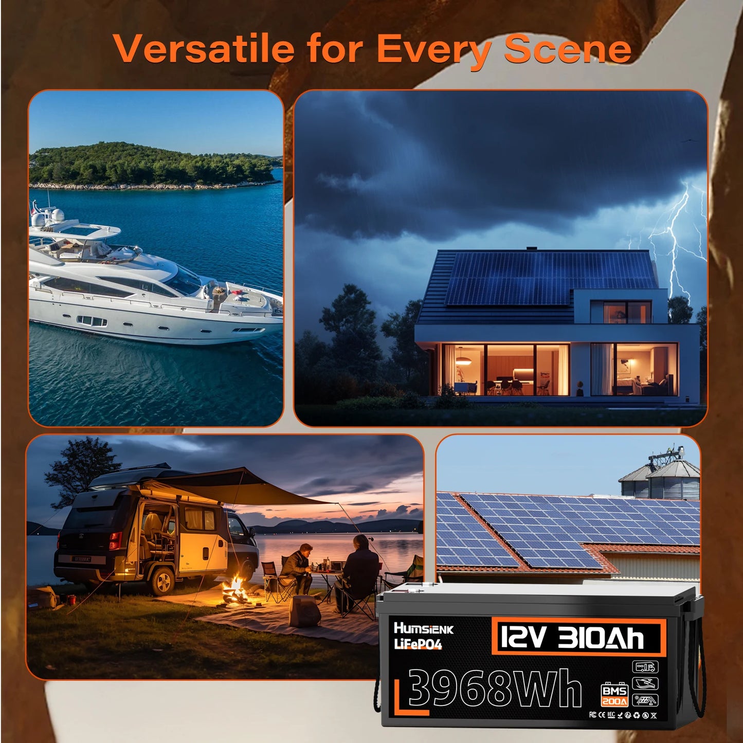 12V 310Ah LiFePO4  Battery 3968Wh Energy 200A BMS 15000 Cycles A+ Cells For RV/ Boat/ Solar Energy/ Off Grid/ Trolling Motor