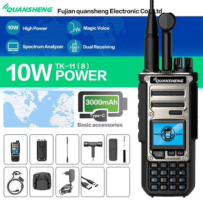 Quansheng TK-11(8) 10W VHF/UHF Dual Band Radio 999CH CTCSS/DCS IP55 2500mAh Type-C NOAA Weather Alarm CE