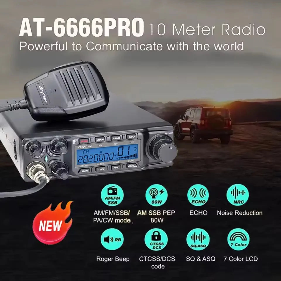 New Anytone AT-6666Pro 80W High Power 28.000-29.695MHz 10 Meter Radio CW/AM/FM/USB/PA Mode 40CH Car Mobile Radio
