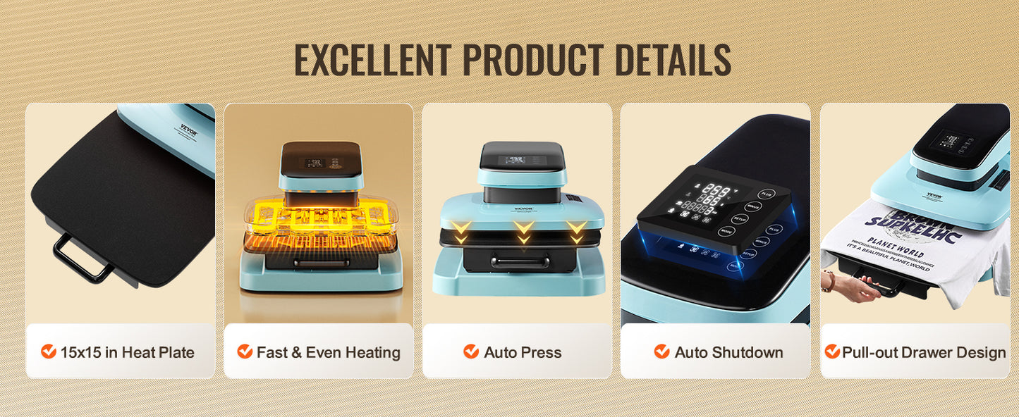 SucceBuy Auto Heat Press Machine 15x15in Auto Release Heats Up Fast and Evenly Sublimation Heat Press for T Shirts Sublimation