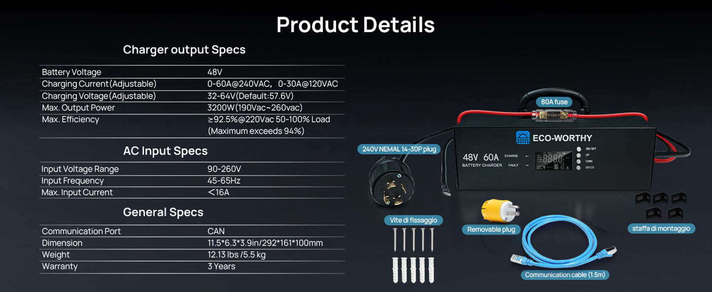 ECO-WORTHY Upgraded (Version 2) 48V 60A Lithium Battery Charger, Adjustable Voltage & Current, for Server Rack LiFePO4 Battery