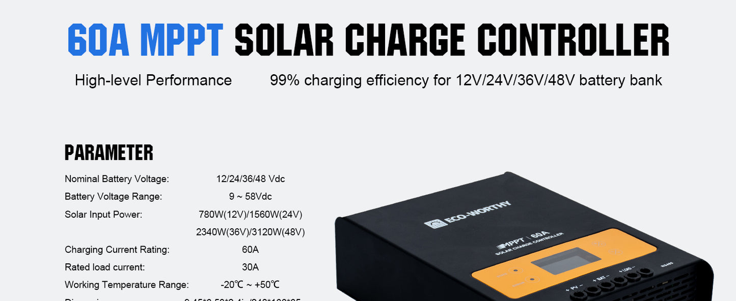 ECO-WORTHY 60A MPPT Solar Charge Controller, 12/24/36/48V Solar Panel Regulator for Lead-Acid/Lifepo4 Battery in Solar System RV