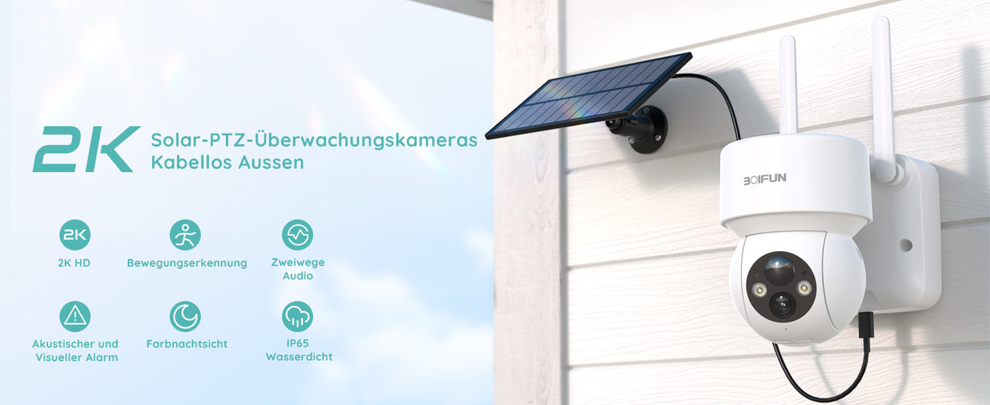 BOIFUN  2K WiFi-Wireless Outdoor Home Security Camera with Solar Panel, Two-Way Audio, Night Vision , 14400mAh Internal Battery