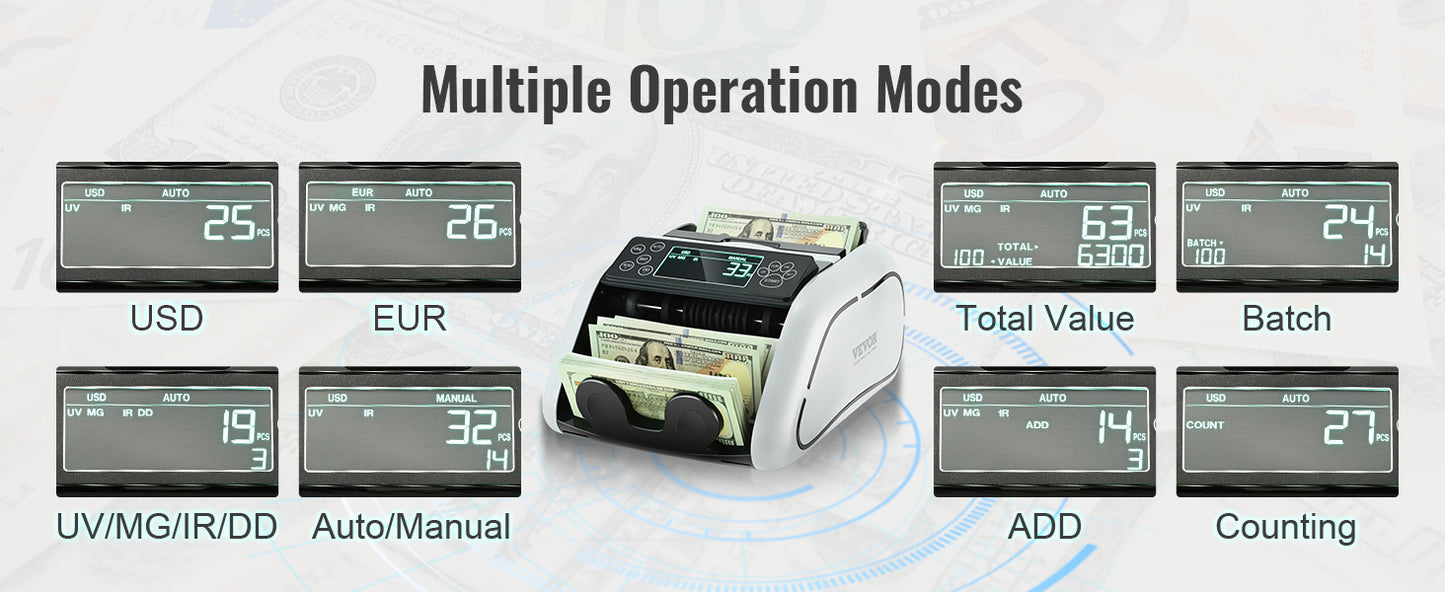 SucceBuy 1000Pcs/Min Money Counter Business Cash Register Euros Bills Fake Banknote Detector by UV & MG Function for Banks Shops