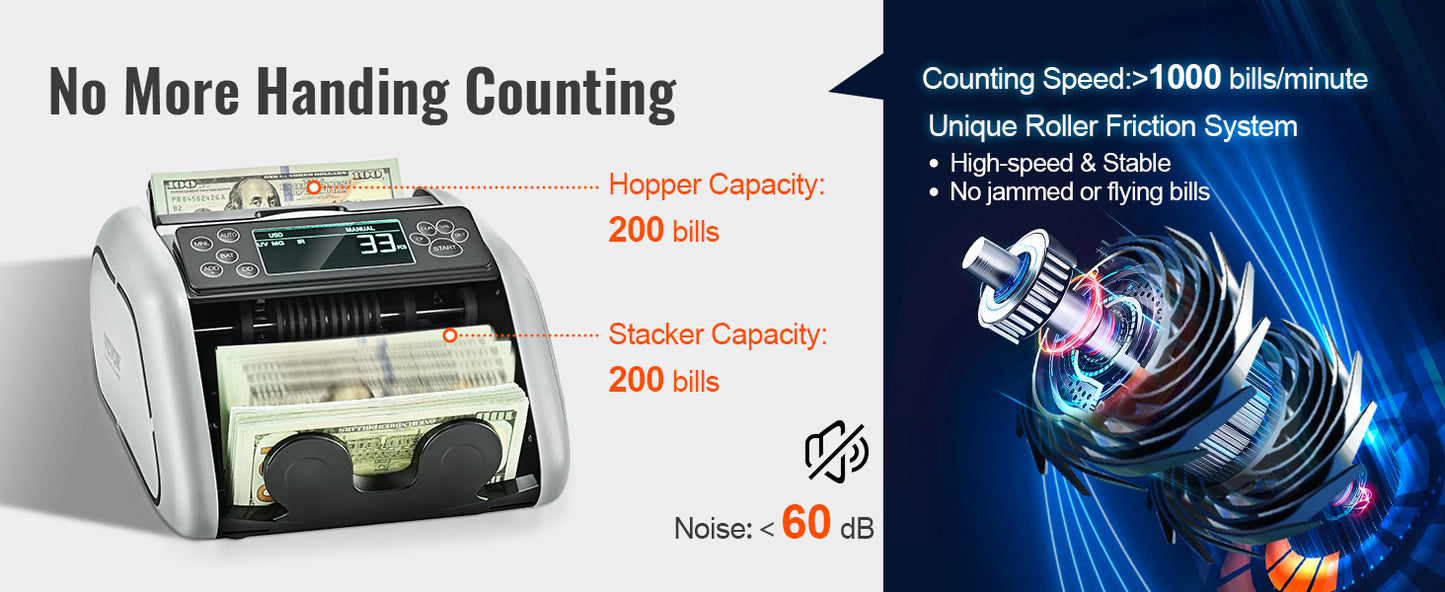SucceBuy 1000Pcs/Min Money Counter Business Cash Register Euros Bills Fake Banknote Detector by UV & MG Function for Banks Shops