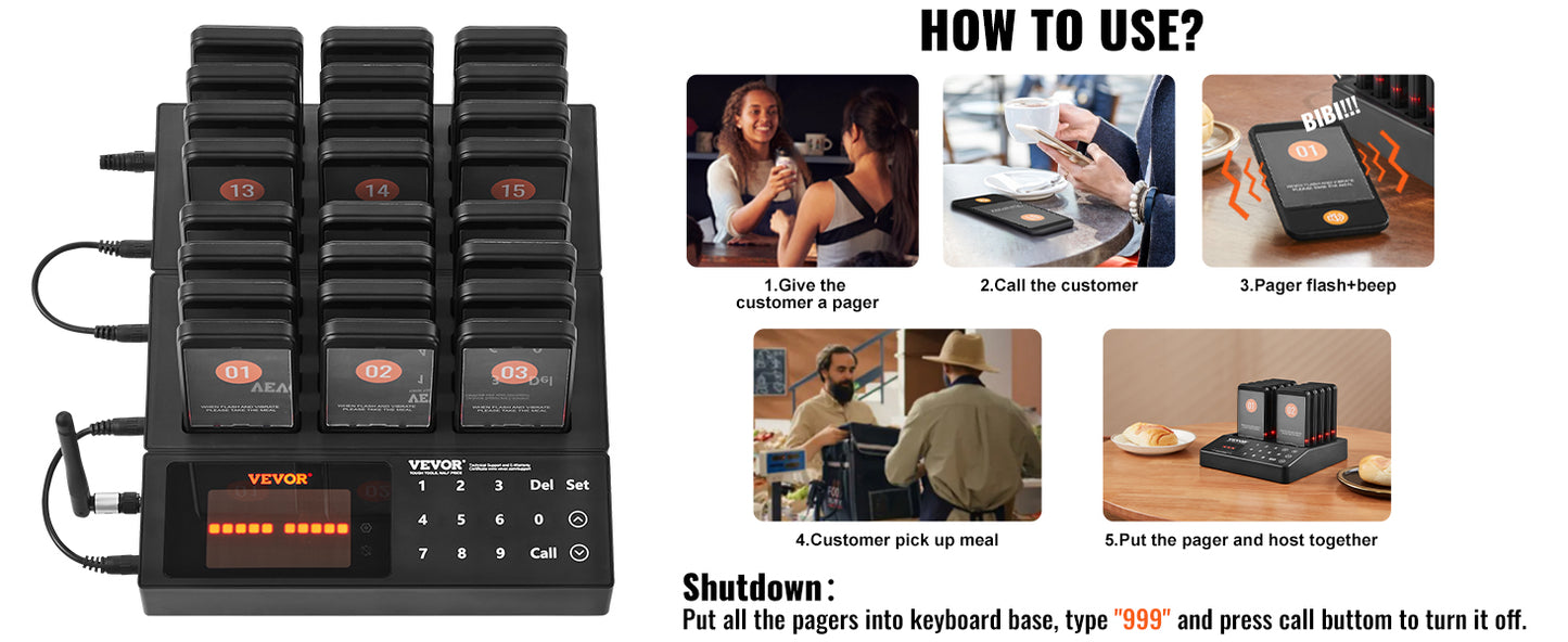 VEVOR 24 Buzzers Restaurant Pager System Touch Panel Wireless Calling System for Coffee Shop Restaurant Guest Queue Pager System