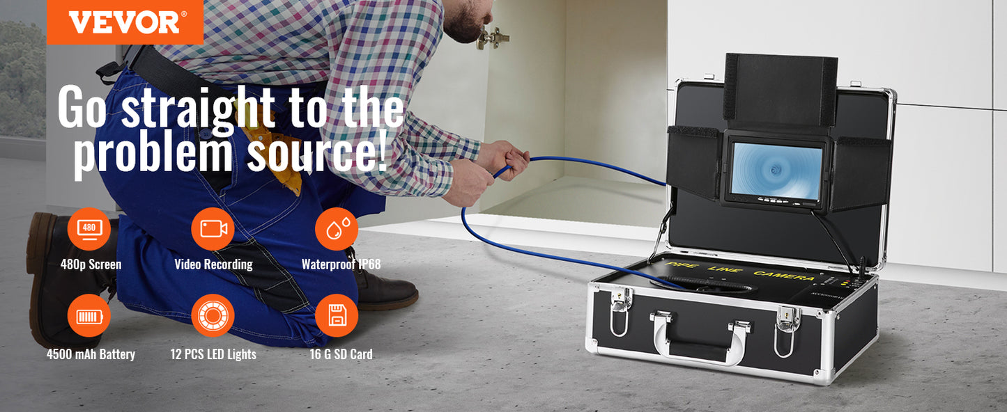 SucceBuy Sewer Camera 7" Screen Pipeline Inspection Camera w/ DVR Function Waterproof Camera w/12 Adjustable LEDs 16 GB SD Card